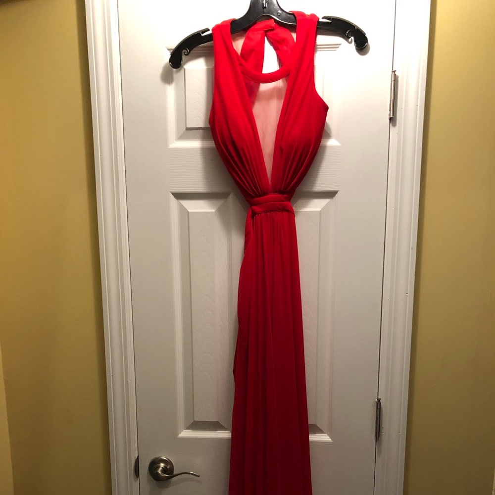 STUNNING RED DEEP V NECK BACKLESS GOWN